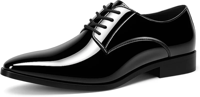 Black formal lace-up shoe with a smooth glossy finish, shown from the side and front