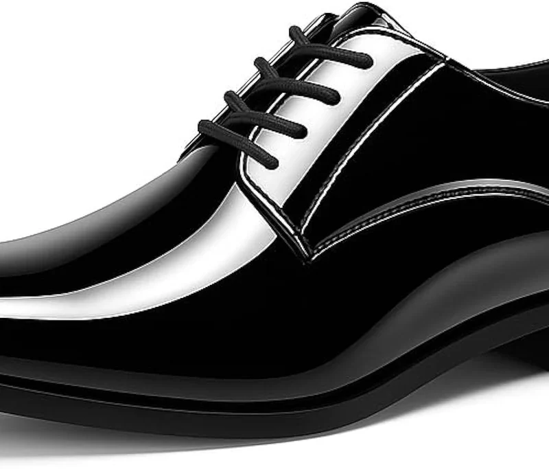 Black formal lace-up shoe with a smooth glossy finish, shown from the side and front