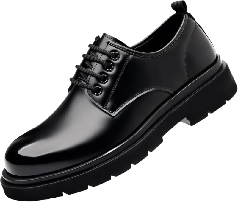 Black chunky-sole formal derby shoe with laces, shown at a three-quarter angle