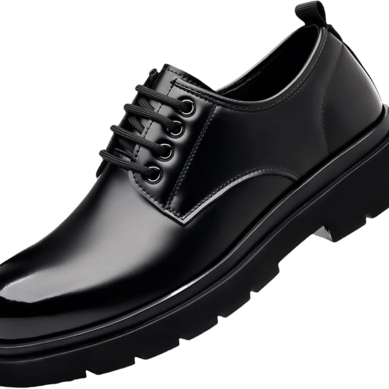 Black chunky-sole formal derby shoe with laces, shown at a three-quarter angle