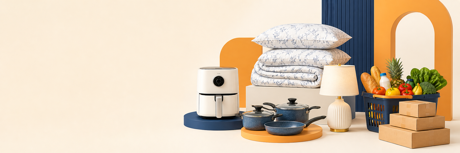 Home essentials, bedding, cookware, groceries and delivery parcels