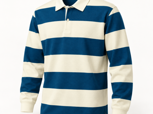 Men's Blue and Cream Striped Long-Sleeve Rugby Polo Shirt – Style 0186