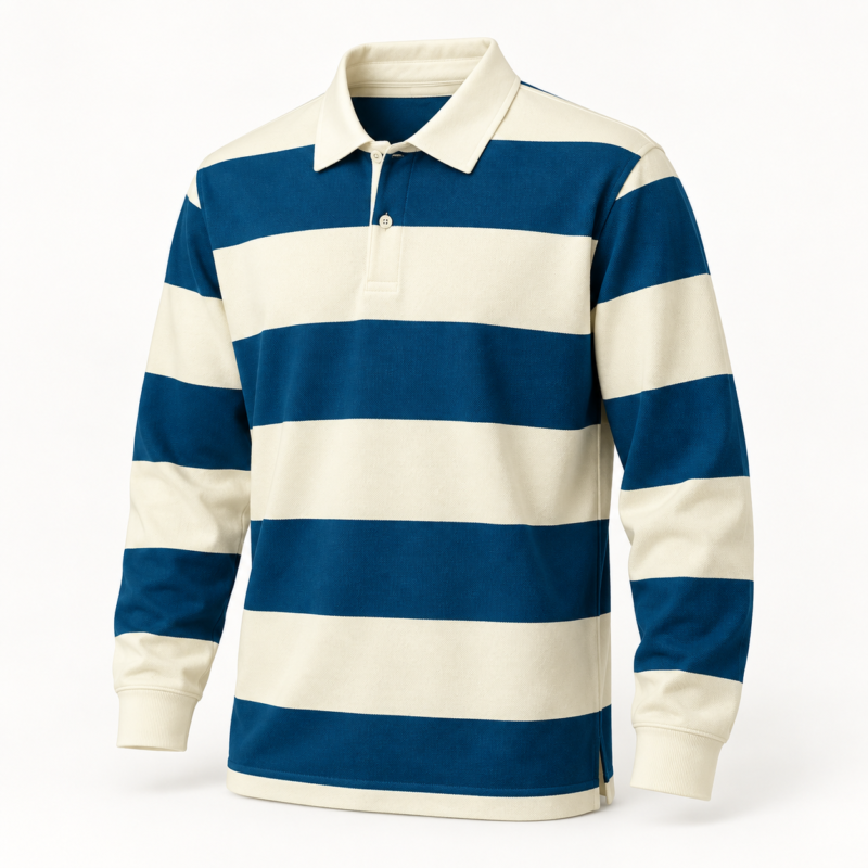 Men's Blue and Cream Striped Long-Sleeve Rugby Polo Shirt – Style 0186