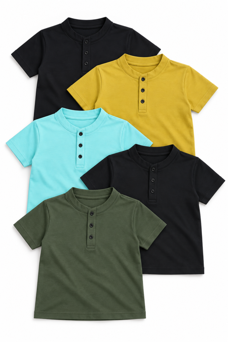 svd-sv-0370-clean-01 Kids' Assorted Multicolour Short-Sleeve Henley Shirts – Style 0370