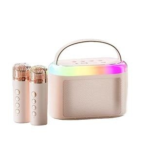 Pale Karaoke Speaker with Two Gold-Coloured Microphone Heads