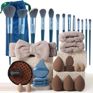 Blue-Handled Makeup Brush and Accessory Arrangement