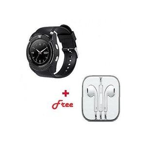 Round Smart Watch and White Wired Earphone Graphic