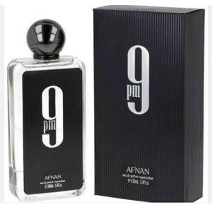 Afnan9PM Clear-Looking Fragrance Bottle and Dark Carton