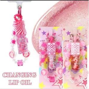 Micolor 3 Color Thermochromic Glossy Tinted Lip Oil Lip Glaze for Pretty Girls Cute Portable Lip Gloss with Beaded Phone Charm