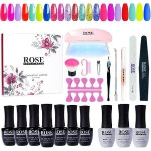 Rose Gel Polish Starter Manicure - Gel Nail Polish Kit with UV Light 7 Colors Hot Pink Turquoise Blue Neon Yellow Soak off Nail Gel Polish Set
