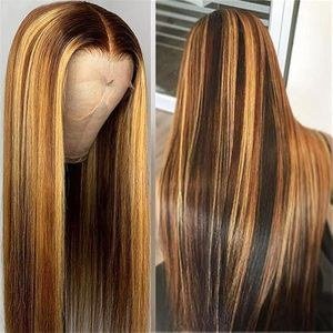 Honey blonde straight lace front wig, 100% synthetic fiber hair, with highlighted gradient color.