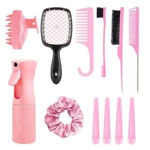 12-Piece Hair Comb Set, Wet and Dry Use Curling Brush, Salon Styling Tool, Curling Brush Hair Styling Hair Styling kit- Pink