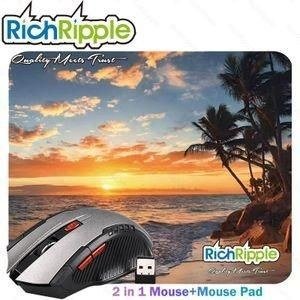 RichRipple 2 in 1 Bluetooth 5.0 Wireless Silent -powered Mouse with seaside sunset pattern mouse pad 3-Level DPI and Design for Office Library