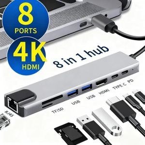 USB-C 8-in-1 Multiport Hub Adapter with HDMI 4K, PD, USB 3.0, USB 2.0, SD/TF Card Reader and RJ45 Ethernet Port -Multi-function Docking