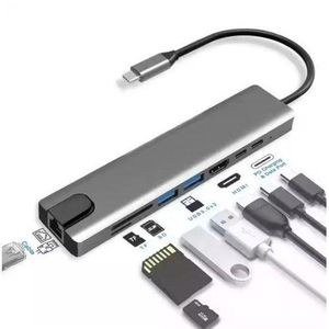 8-in-1 Type-C HUB Converter & Docking Station – 4K HDMI, USB 3.0, PD, SD/TF, RJ45 Multi-Function Adapter – Grey