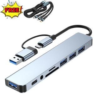 USB-C Hub 8-in-1 Multiport Adapter with Free 3-in-1 Charging Cable, Audio Jack, SD/TF Card Reader, USB 3.0