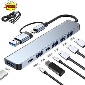 USB + Type-C 7-in-1 Hub with Free 3-in-1 Charging Cable, Dual Interface, 4 USB 2.0 + 1 USB 3.0 + 2 Type-C, Plug & Play, Compact Aluminum Design