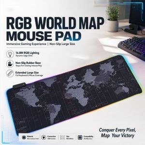 RGB Large Gaming Mouse Pad, 800× World Map LED Mouse Mat with Non‑Slip Base for Computer Keyboard