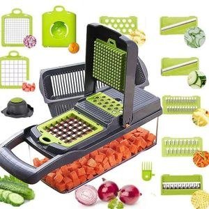 Multifunctional vegetable chopper and mandoline slicer with interchangeable blades.