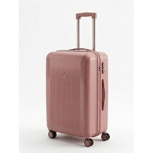A small Travelling Suitcase It Carries 12Kgs It's Purely It's strong It Has 8-Wheels Extremely It's rose gold Colour It's Strong Extremely