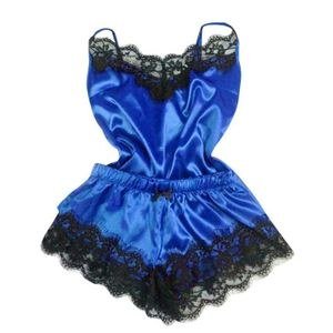 Blue Camisole and Shorts with Dark Lace-Look Trim