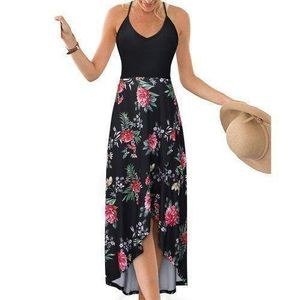 Berrykey Women's Floral Print Maxi Dress Ladies Elastic Waist Spaghetti Strap V-Neck High Low Hem Office Gowns Skirts Casual Summer