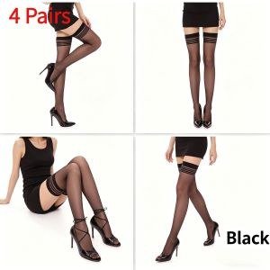 Berrykey 4 Pairs Women's Socks Stockings Thin Crystal Socks Sheer Daily Wear Office Party Casual Outfits-Black