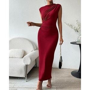 A red, sleeveless, back-slit, pleated, form-fitting dress.