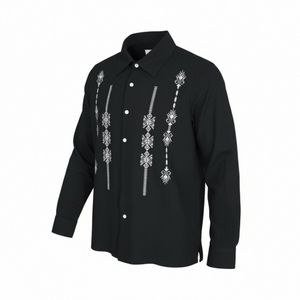 Black Long-Sleeved Shirt with Pale Vertical Motifs