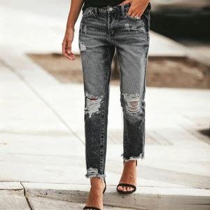 Berrykey Ladies Denim Pants Women's Jeans Casual Trousers Straight Slim Fit Versatile Wear High Waist Distressed Vintage