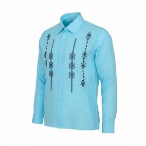 Blue Long-Sleeved Shirt with Dark Vertical Patterns