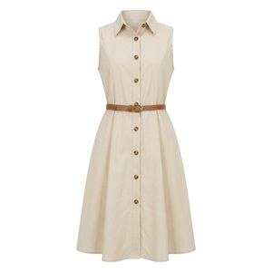 Women's Sleeveless Button-Down Belted Shirt Dress – Beige
