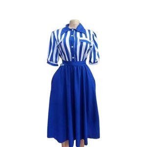 Elegant Striped Vintage-Inspired Dress For Women - Blue & White.