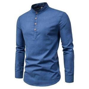 Berrykey Men's Long Sleeve Linen Shirt Polo Solid Color Stand Collar Casual Top - Navy