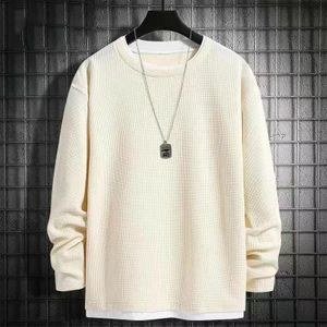Men's Casual Crew Long Sleeve Sweatshirt Pullover Waffle Texture Apricot White