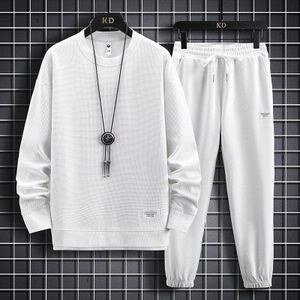 Mens 2 Piece Sweatsuits Set Waffle Long Sleeve Sweatshirt Jogging Sweatpants Tracksuits Outfits With Logo Patch White
