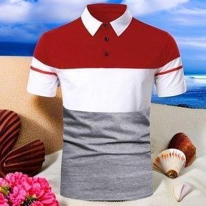 Berrykey Men's Tshirt Striped Stitching Polo Short Sleeve Red