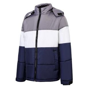 Berrykey Men Color Block Detachable Hood Puffer Jacket, Grey White Navy Patchwork Warm Winter Zip Up Outerwear Coat