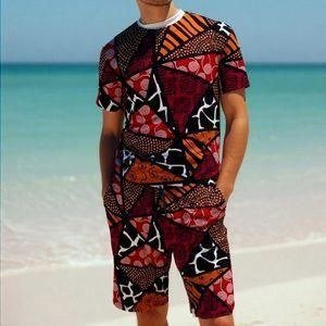 Men's 2 In 1 Beach Pant Short Sleeve Vintage Patterned T-Shirt & Shorts Set - Multi