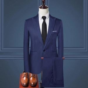 Fashionable Two-piece Men's Black Executive Suit,Men's Office Formal Slim-Fit Business Suit (jacket + Pants)-Blue