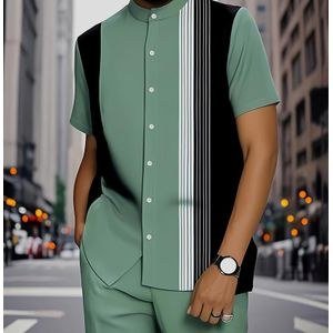 2 Piece Men's Stripe Pattern Print Design Short Sleeve T-shirt and Casual Trouser - Green