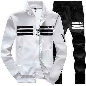 Men's Casual Long Sleeve Jacket and Pants 2 Piece Outfits-White