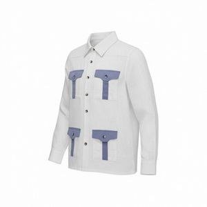 Blue pocket shirt with four-pocket design, textured fabric, niche and unique style, high-end everyday commuting