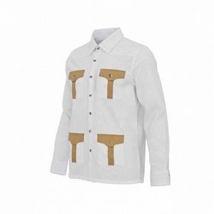 White linen- color-block multi-pocket shirt