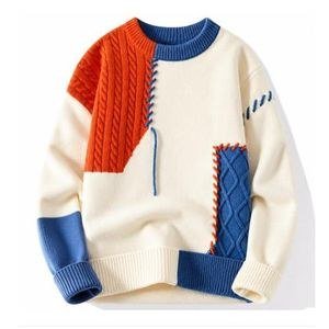 Unisex Patchwork Knitted Sweater – Warm Winter Pullover (White/Orange/Blue)