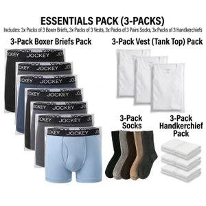 Jockey Men's 3-Pack Underwear Combo - 3 Boxers + 3 White Vests + 3 Socks + 3 Handkerchiefs