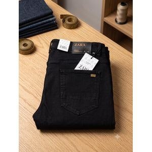 Men's Stretch Denim Jeans – Slim-Fit Deep Black Pants with Gold Brand Accents & Faux- Back Patch.