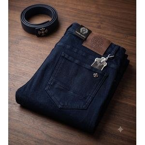 Chrome Hearts Men's Denim Jeans – Slim-Fit Deep Black Pants with Embossed Patch & Signature Silver-Toned Gothic Stud.