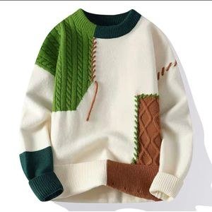 Men’s Patchwork Knit Sweater – White, Green & Brown – Casual Winter Pullover