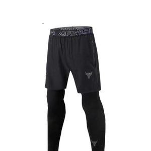 Men's 2 in 1 Double Shorts Sports Leggings Fitness SweatPants- Black